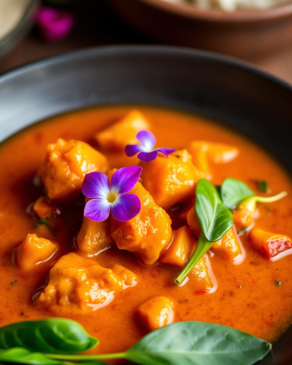 Thai massaman curry servert på mørk keramikk med spiselige blomster